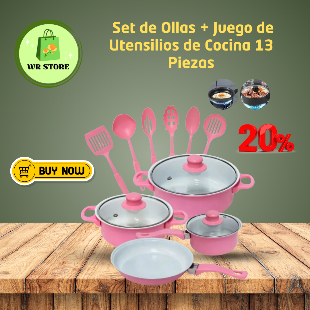 SET DE OLLAS Y JUEGO DE UTENCILIOS DE COCINA 13PZ ROSADA
