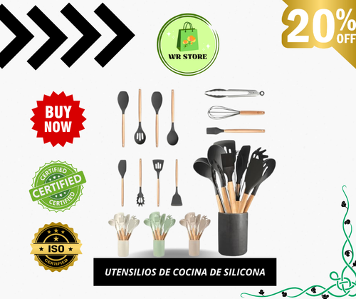 JUEGO DE UTENSILIOS DE COCINA DE SILICONA + CUCHILLOS NEGRO