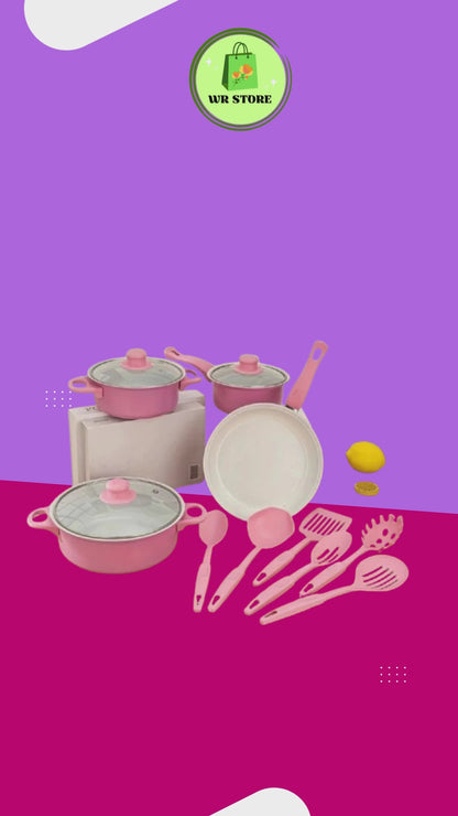 SET DE OLLAS Y JUEGO DE UTENCILIOS DE COCINA 13PZ ROSADA